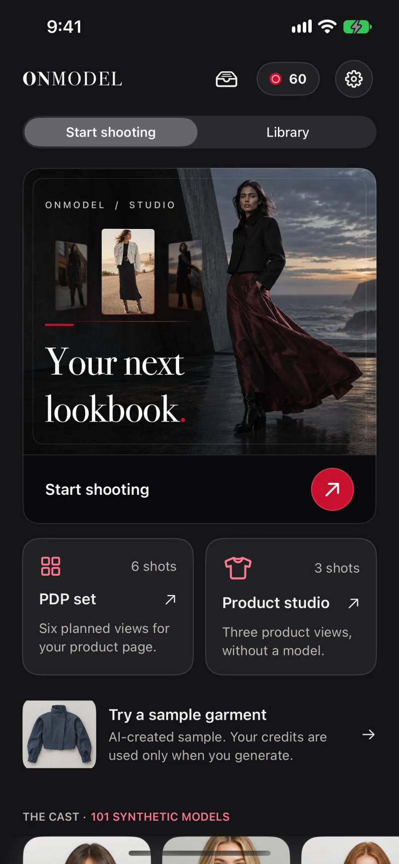 Actual ONMODEL iOS home screen from the 2.1 build