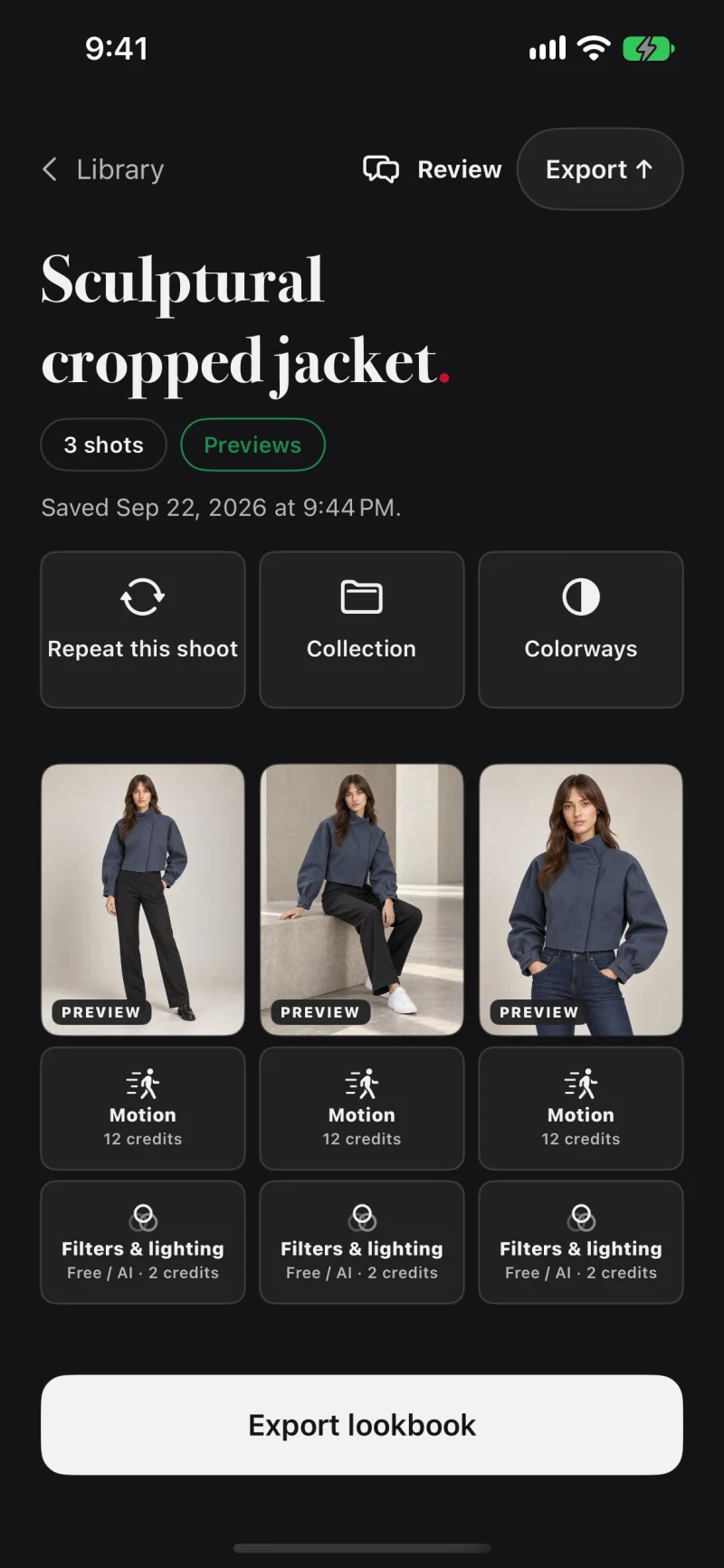 Actual ONMODEL iOS 2.1 sample lookbook screen showing three preview images, repeat shoot, colorways and export controls
