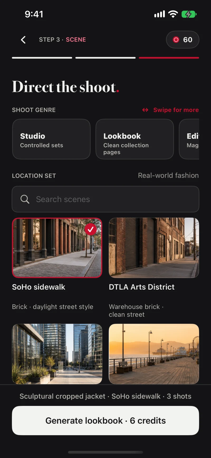Actual ONMODEL iOS scene selection screen from the 2.1 build