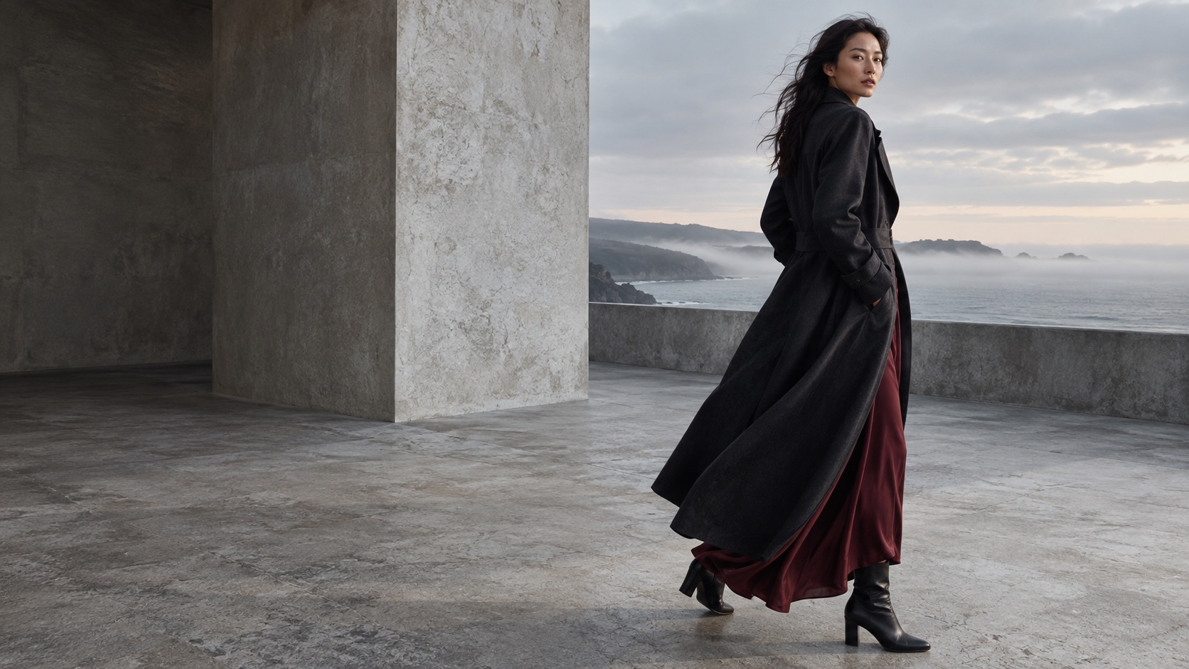 Campaign artwork showing a model in a dark coat beside a misty coast